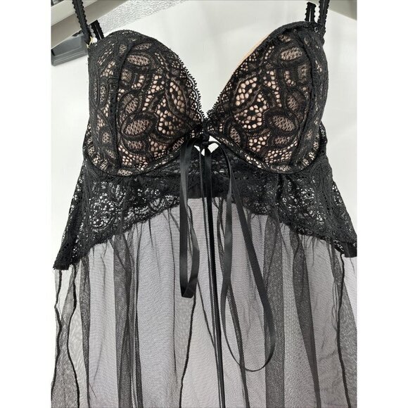 Victorias Secret Black Lace 34C Babydoll Lingerie Gold Accents Chemise 329863093 - Picture 3 of 10